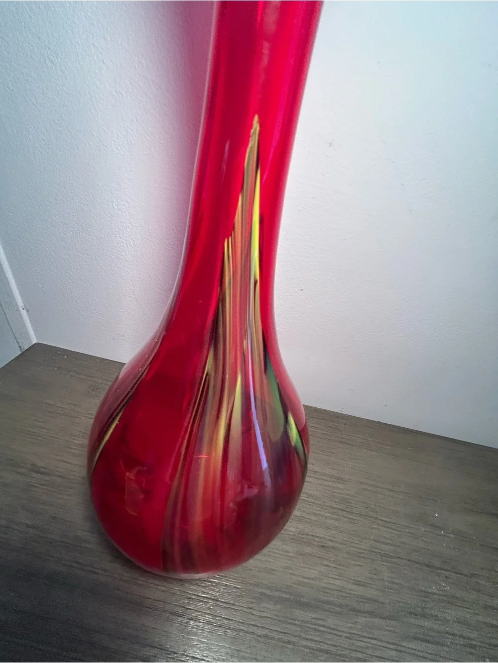 Retro Pier 1 Red blown glass vase with yellow green & black swirls 14.5”